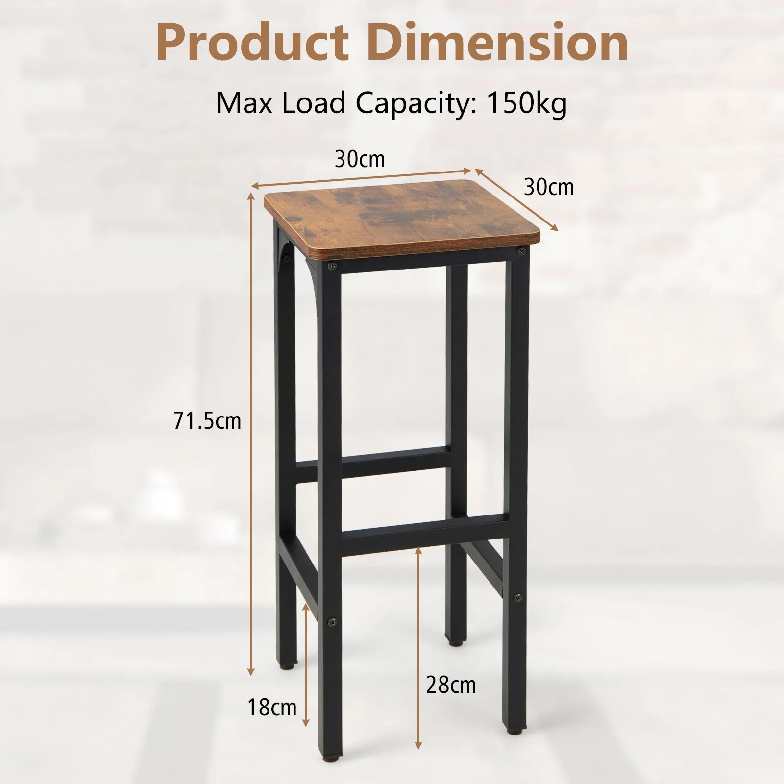 30 x 30 x 71cm Bar Stools Set of 2 with Footrest and Adjustable Pads