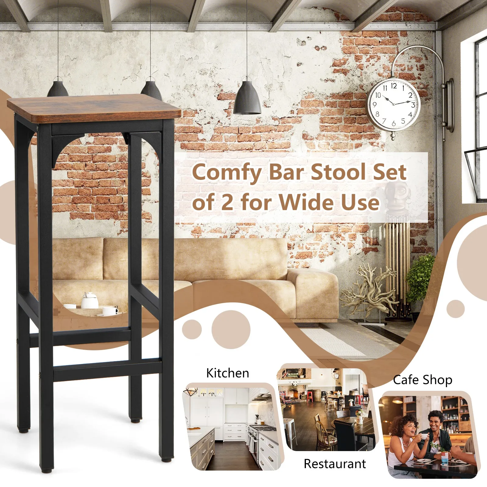 30 x 30 x 71cm Bar Stools Set of 2 with Footrest and Adjustable Pads