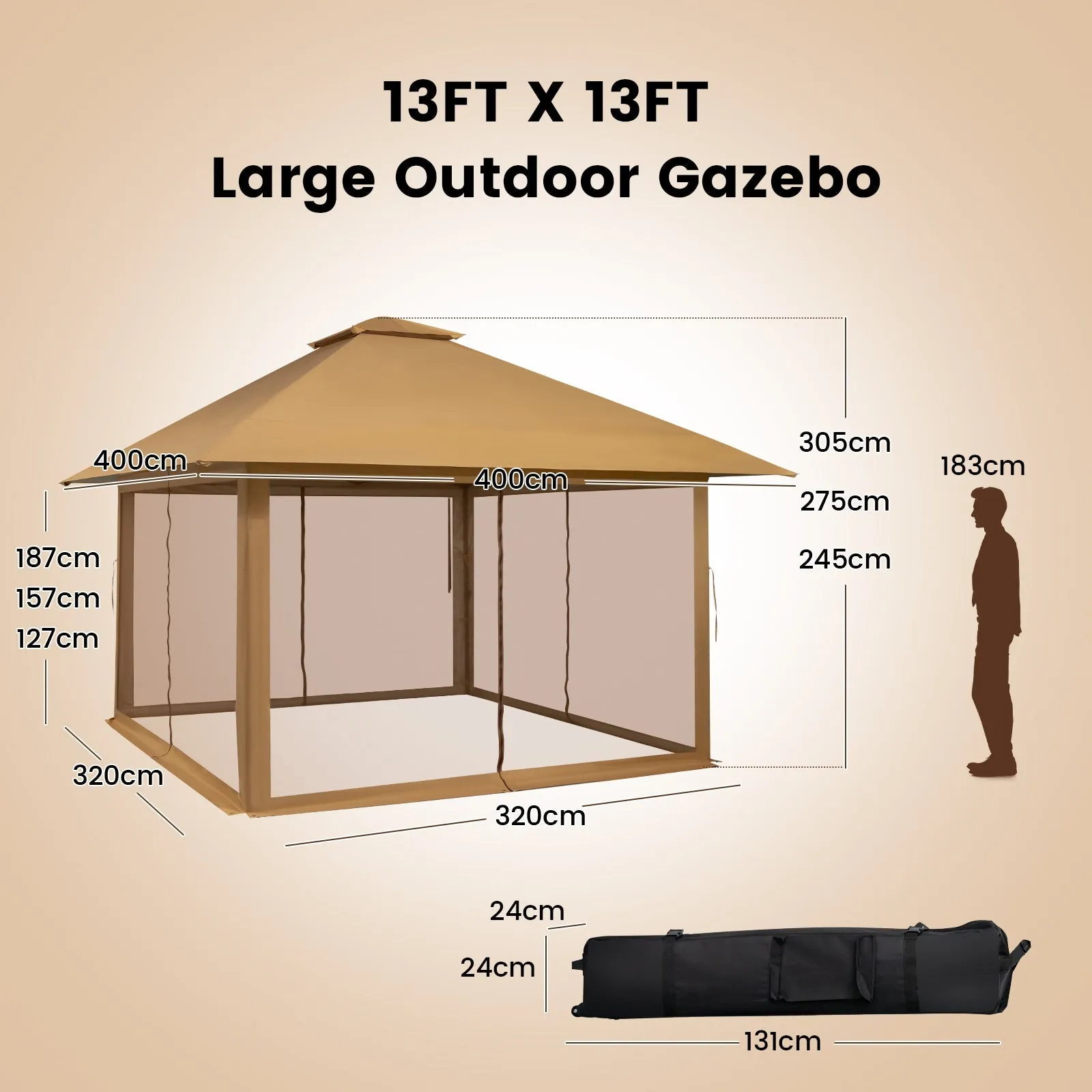 4 x 4m Pop-up Gazebo with Mesh Sidewalls and Adjustable Height-Brown