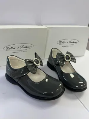 6273 Dark Grey School Shoes - Circle Bow Bow (Flat Sole)