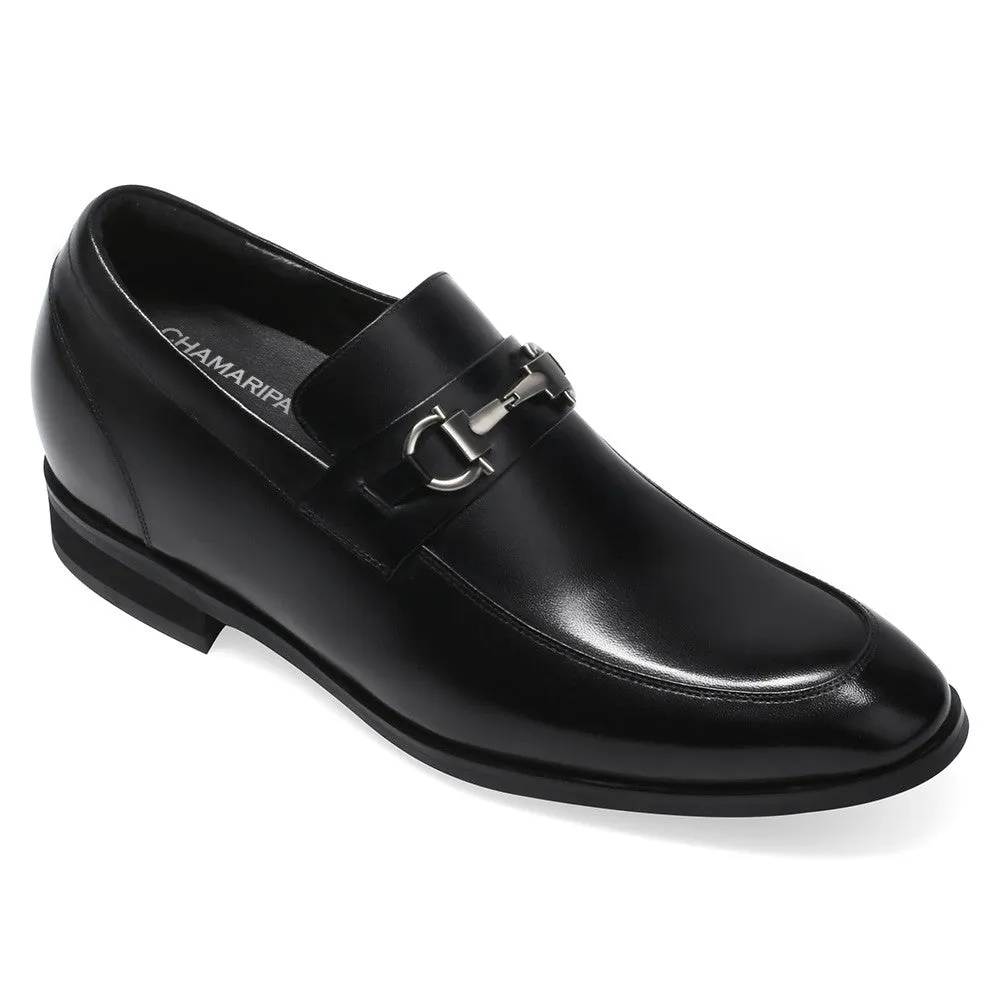 7 CM / 2.76 Inches CMR CHAMARIPA Men Shoes With Heels Bit Loafers Black Leather Slip-On Tall Men Shoes