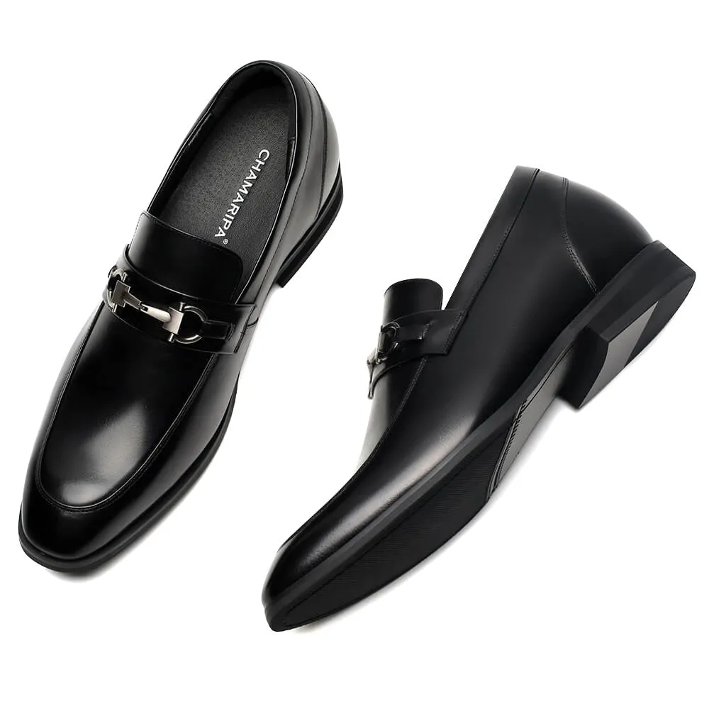 7 CM / 2.76 Inches CMR CHAMARIPA Men Shoes With Heels Bit Loafers Black Leather Slip-On Tall Men Shoes