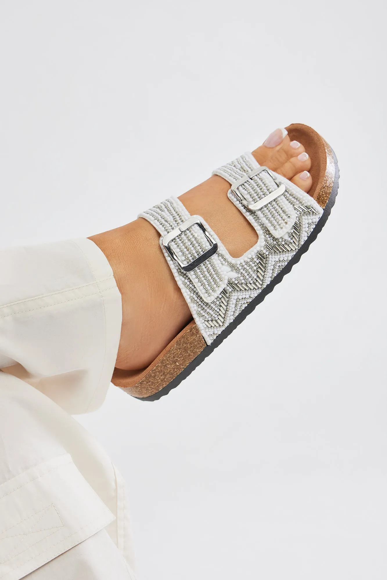 Alina Beaded Flat Sandals - White