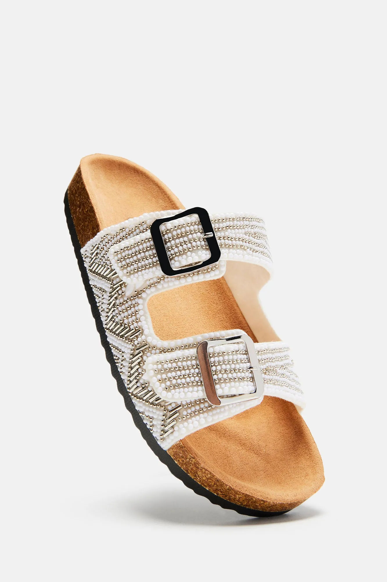 Alina Beaded Flat Sandals - White