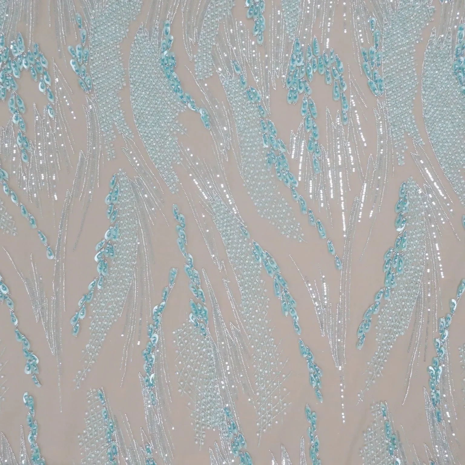 Aqua Sequined and Beaded Abstract Embroidered Tulle Fabric