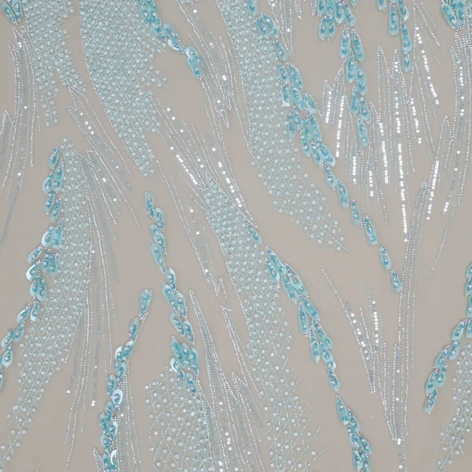 Aqua Sequined and Beaded Abstract Embroidered Tulle Fabric