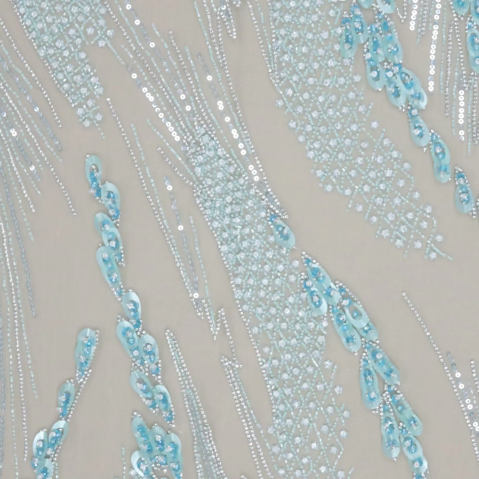 Aqua Sequined and Beaded Abstract Embroidered Tulle Fabric