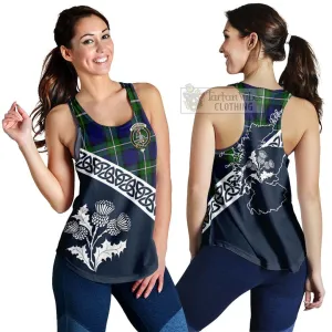 Bannerman Tartan Women's Racerback Tanks Featuring Thistle and Scotland Map