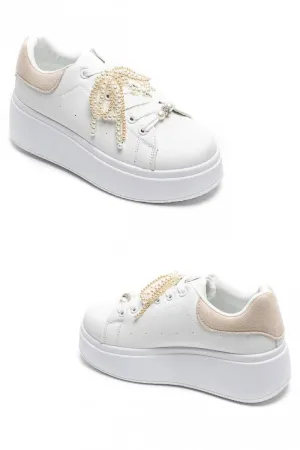 BEIGE WHITE PEARL LACE DETAIL LACE UP CHUNKY SNEAKERS TRAINERS