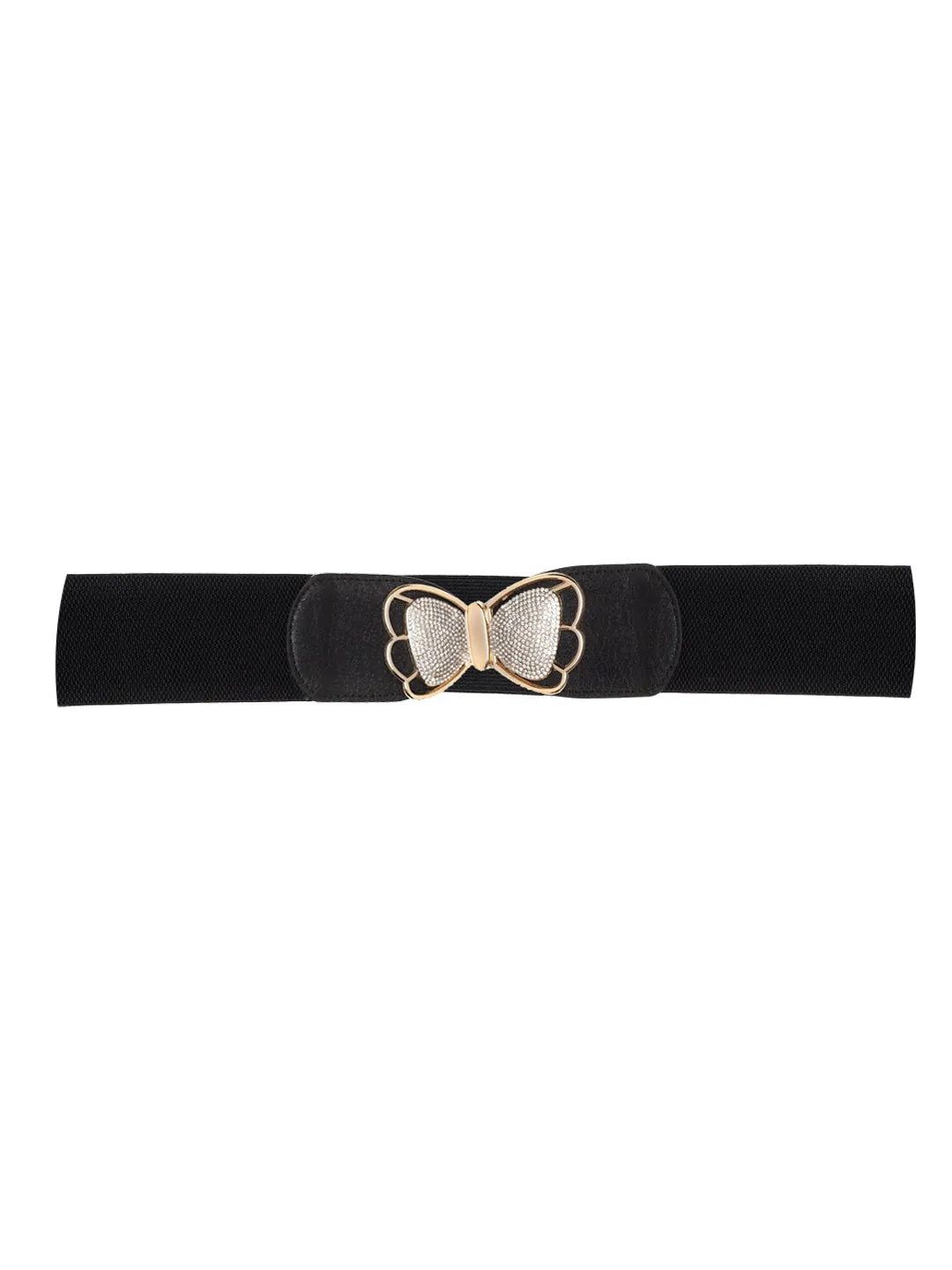 Berrylush Women Black Elastic Strap Golden Butterfly Buckle Belt