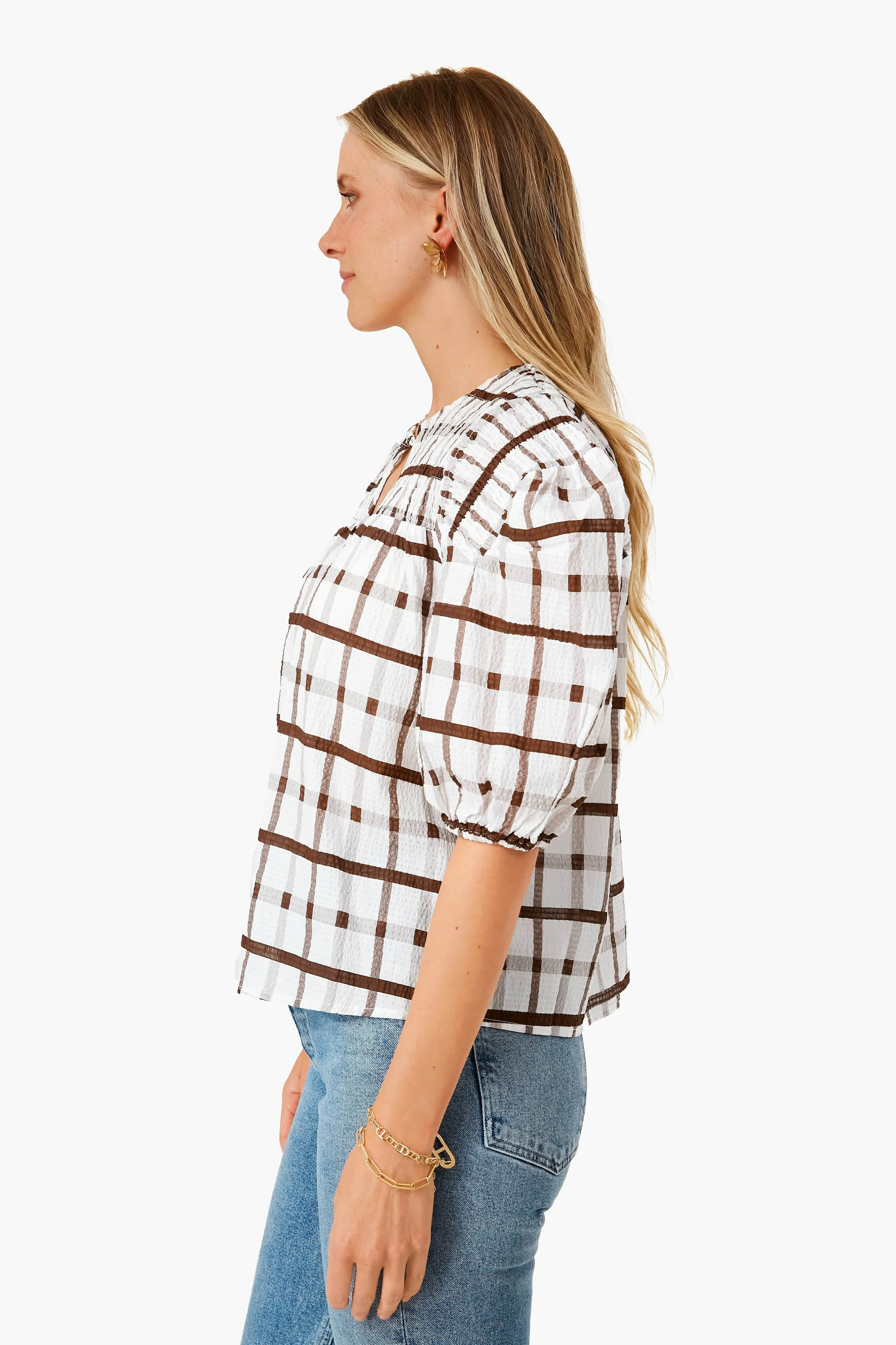 Brown Grid Print Puff Sleeve Woven Top