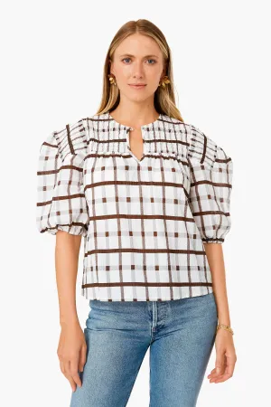 Brown Grid Print Puff Sleeve Woven Top