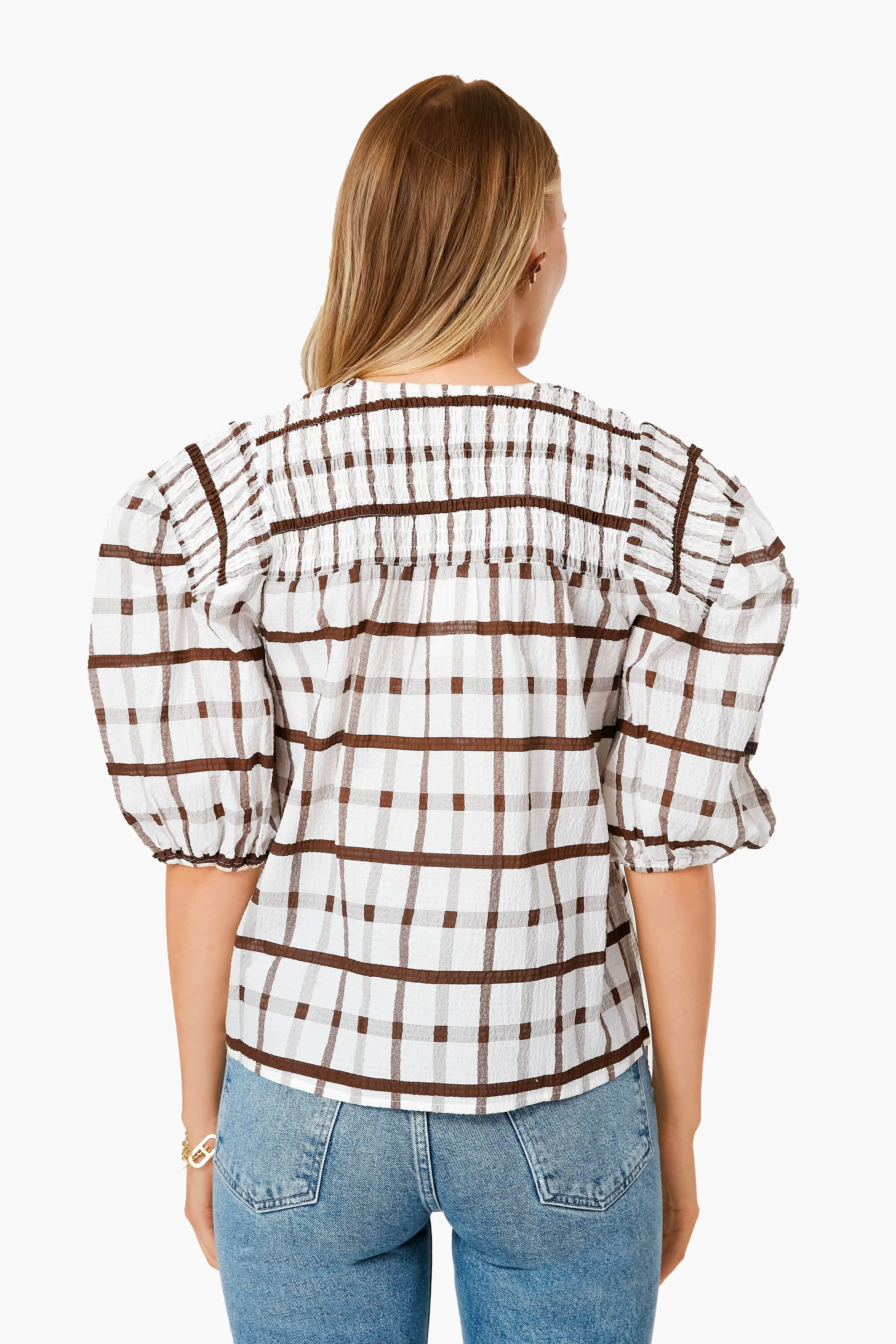 Brown Grid Print Puff Sleeve Woven Top