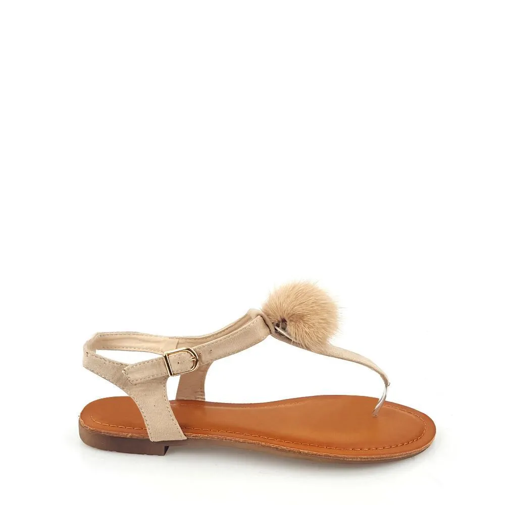 CANNIA Toe Post Pom Pom Flat Sandal