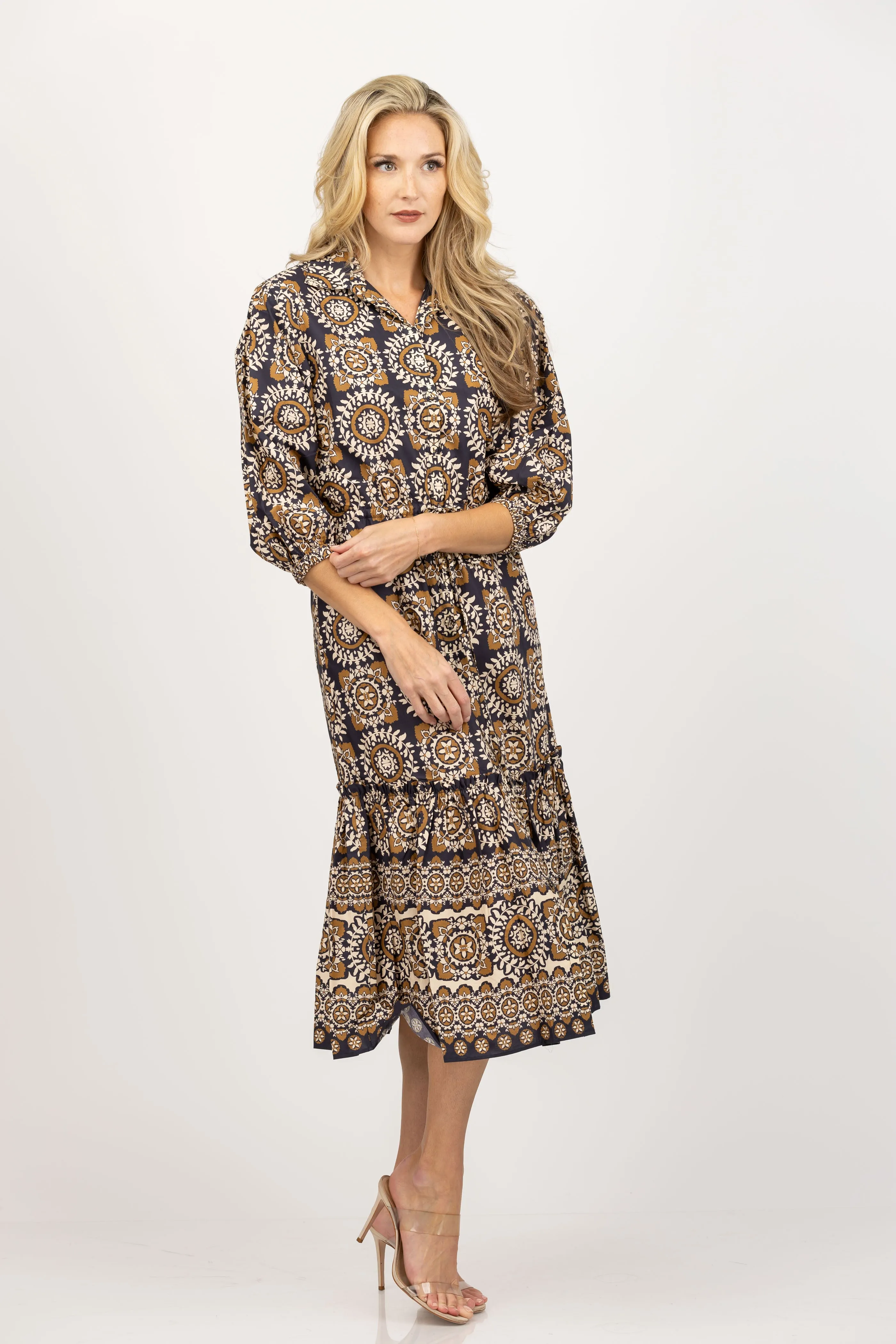 Cara Cara Hutton Dress in Blue Medallion Tile