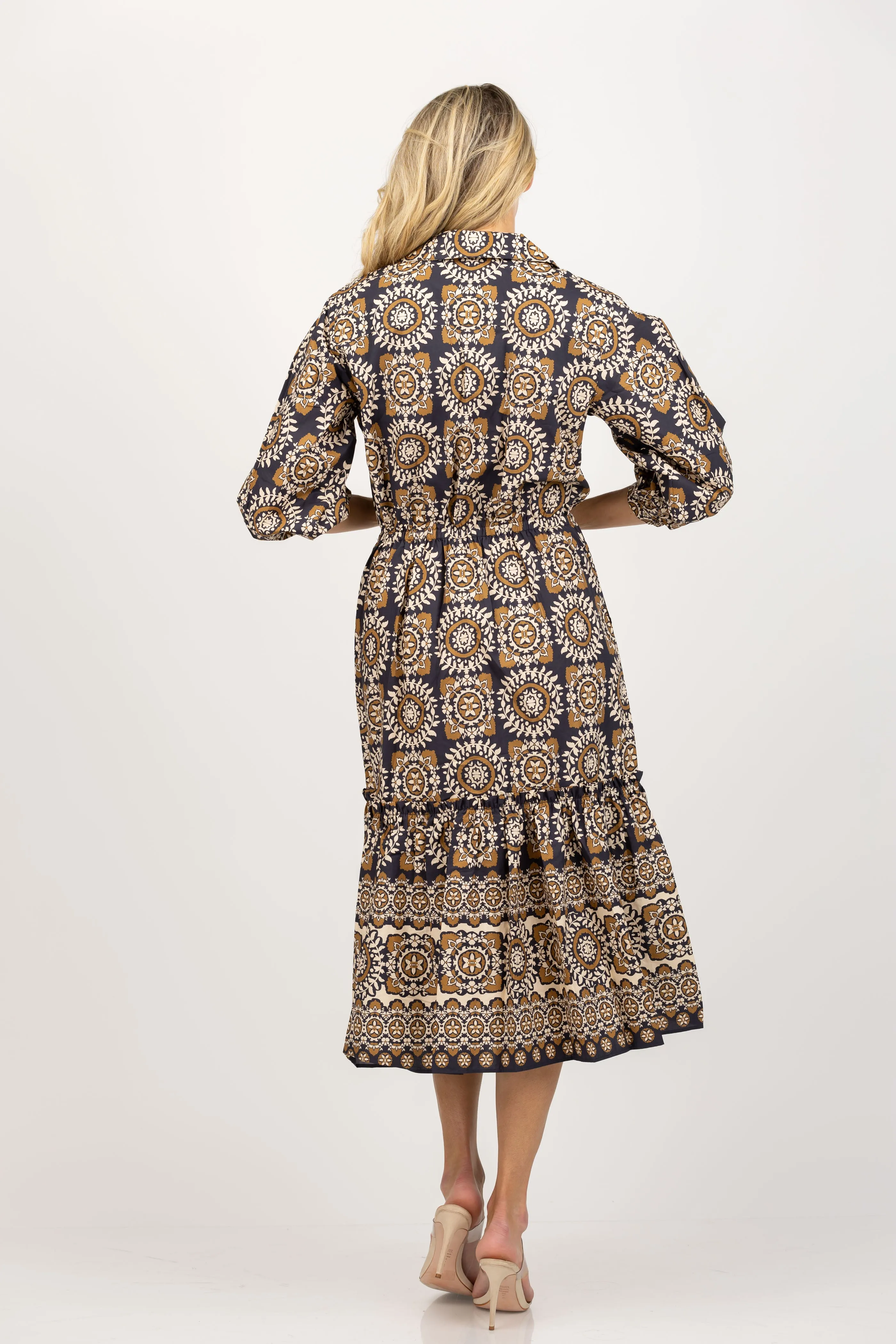 Cara Cara Hutton Dress in Blue Medallion Tile