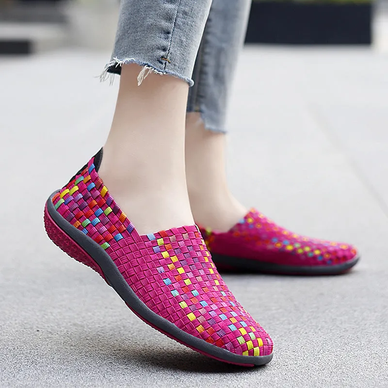 Casual Comfortable Fashion Sneakers Mesh Woven Flat Nurse Walking Sneakers Knit Slip on Loafer Shoes