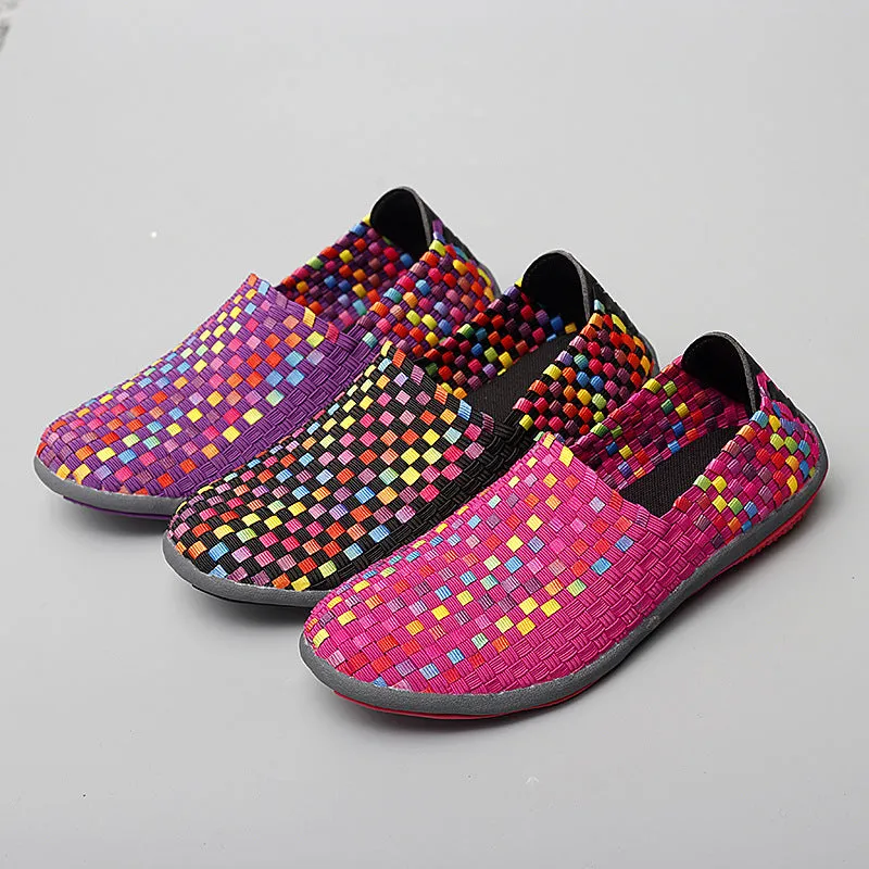 Casual Comfortable Fashion Sneakers Mesh Woven Flat Nurse Walking Sneakers Knit Slip on Loafer Shoes