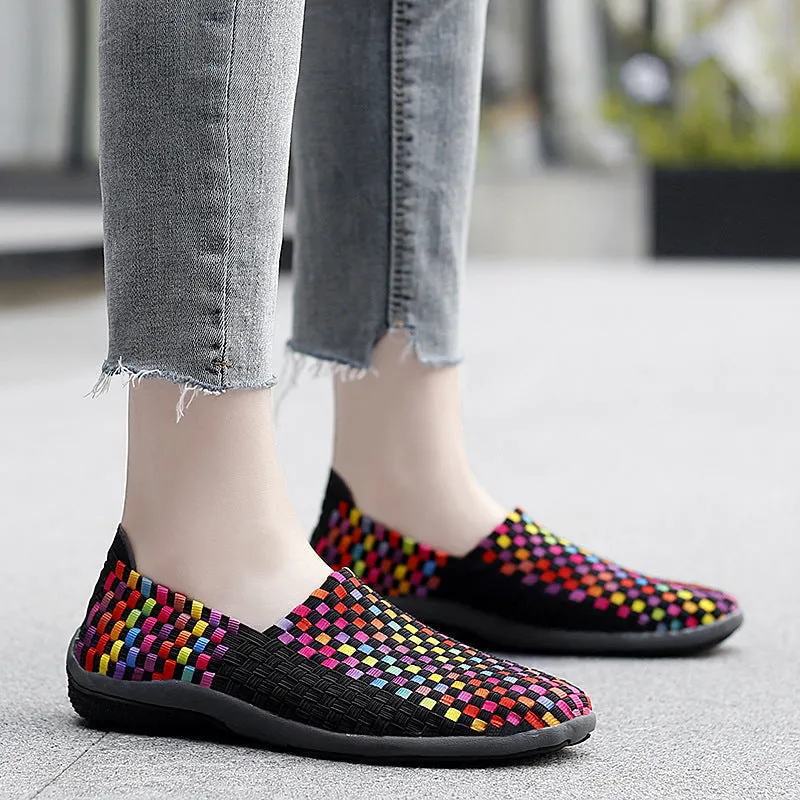 Casual Comfortable Fashion Sneakers Mesh Woven Flat Nurse Walking Sneakers Knit Slip on Loafer Shoes