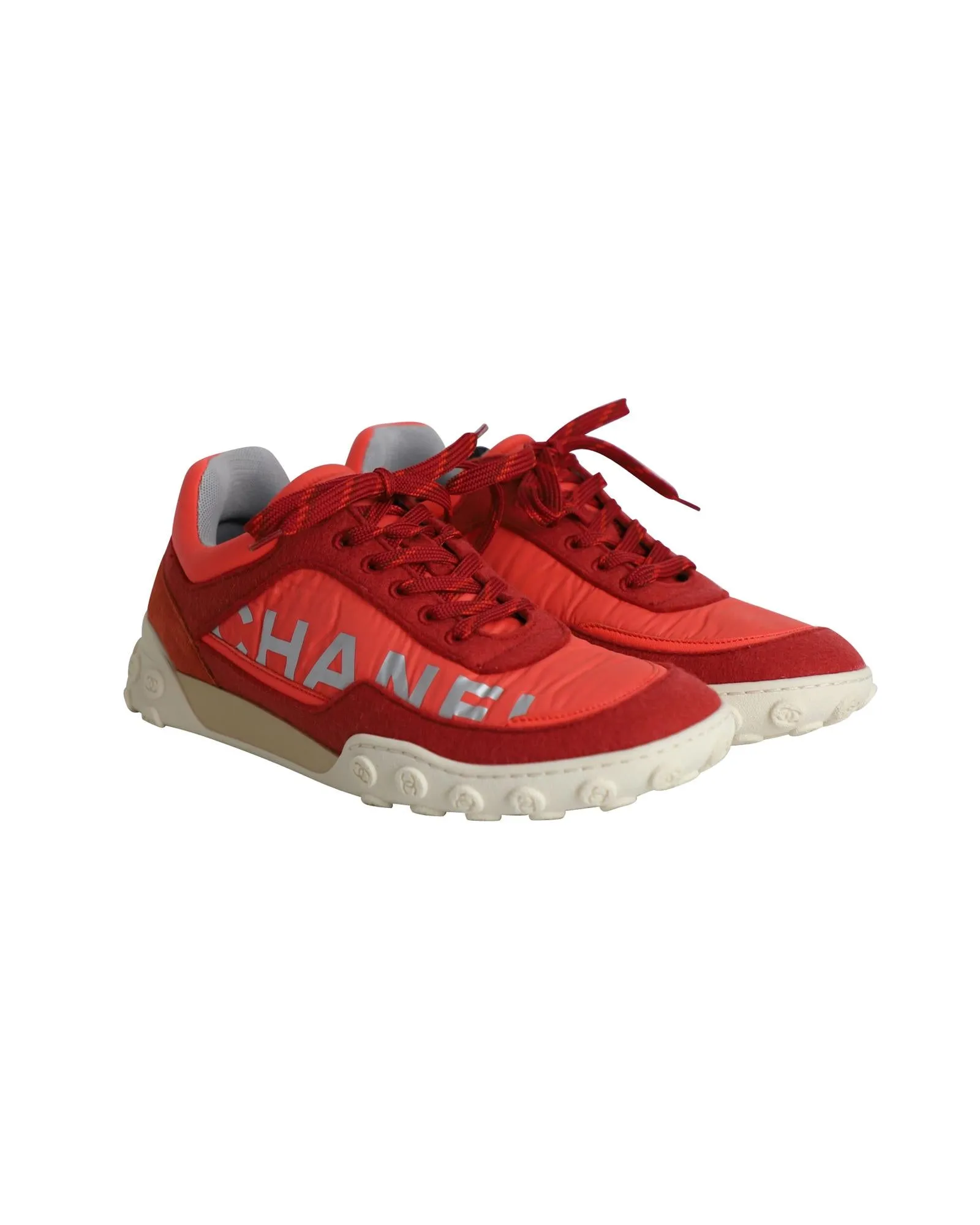 CC Logo Low Top Sneakers in Red and Neon Orange Leather and Fabric