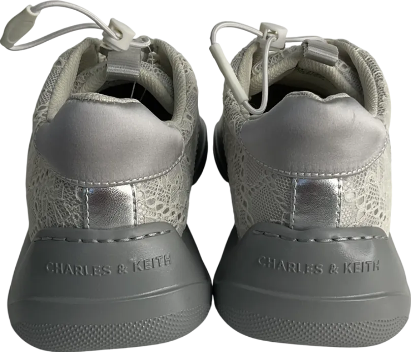 Charles & Keith Grey Casey Metallic & Lace Chunky Sneakers UK 4 EU 37 👠