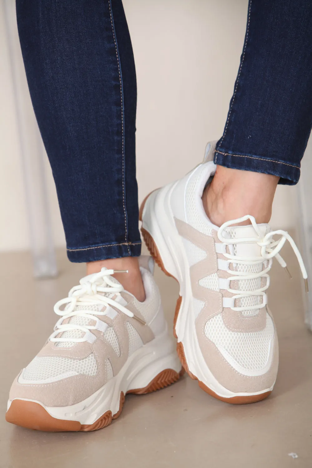 CREAM CHUNK SOLE DESIGNER LACE UP TRAINERS