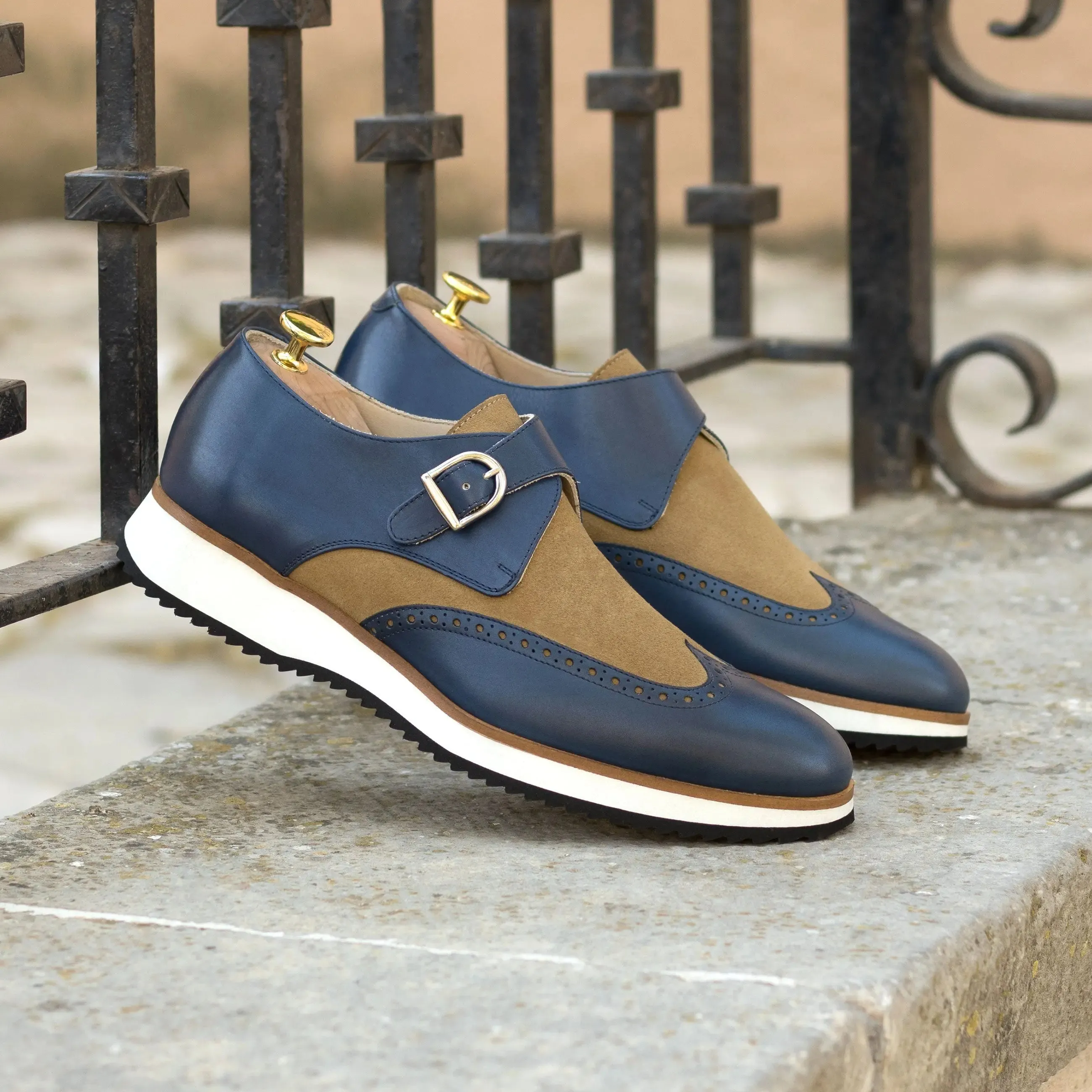 DapperFam Brenno in Camel / Navy Men's Lux Suede & Italian Leather Single Monk