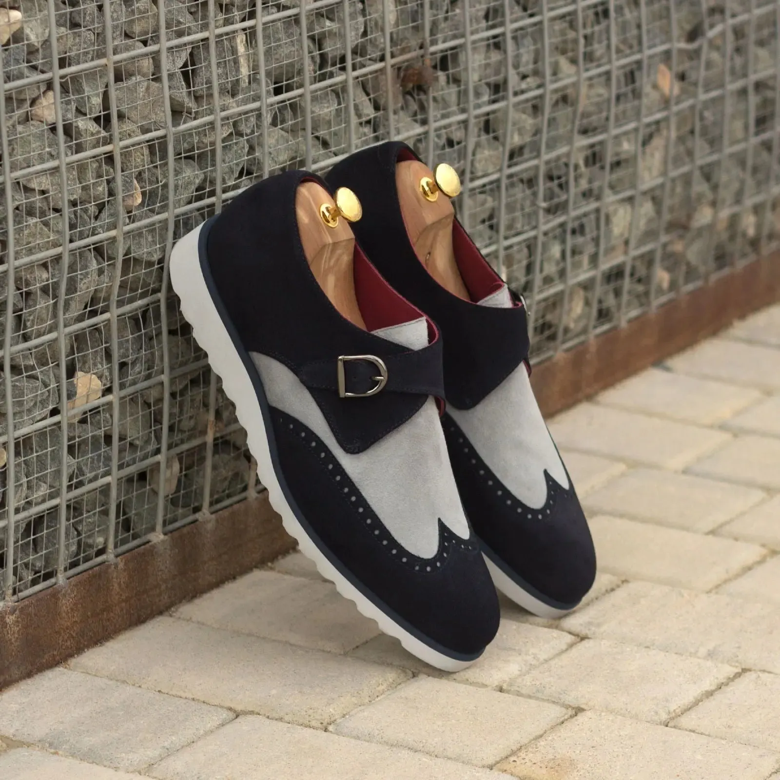 DapperFam Brenno in Navy / Light Grey Men's Lux Suede & Italian Suede Single Monk