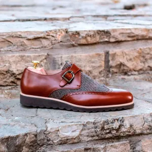 DapperFam Brenno in Tweed / Med Brown Men's Sartorial & Italian Leather Single Monk