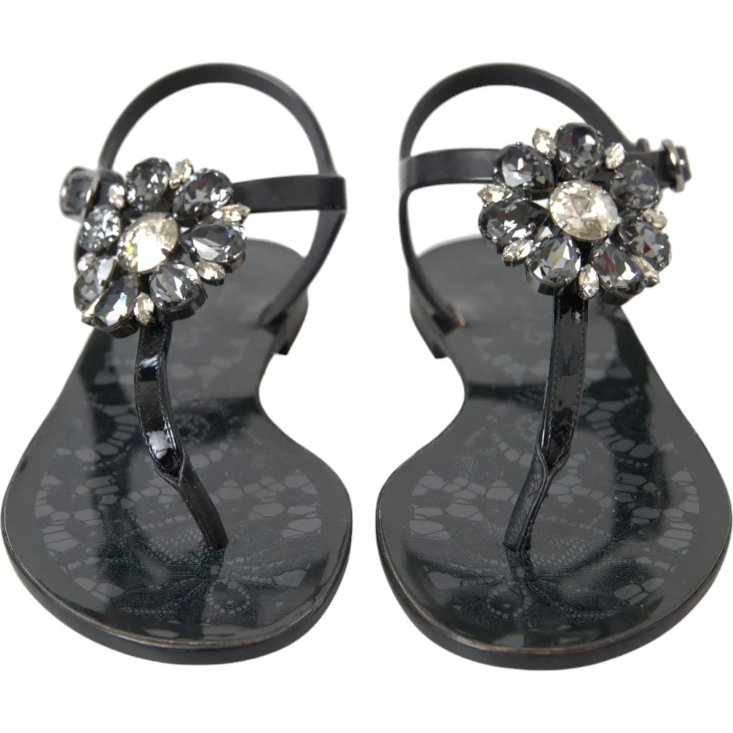 Dolce & Gabbana Black Crystal Flats Sandals Flip Flops Shoes