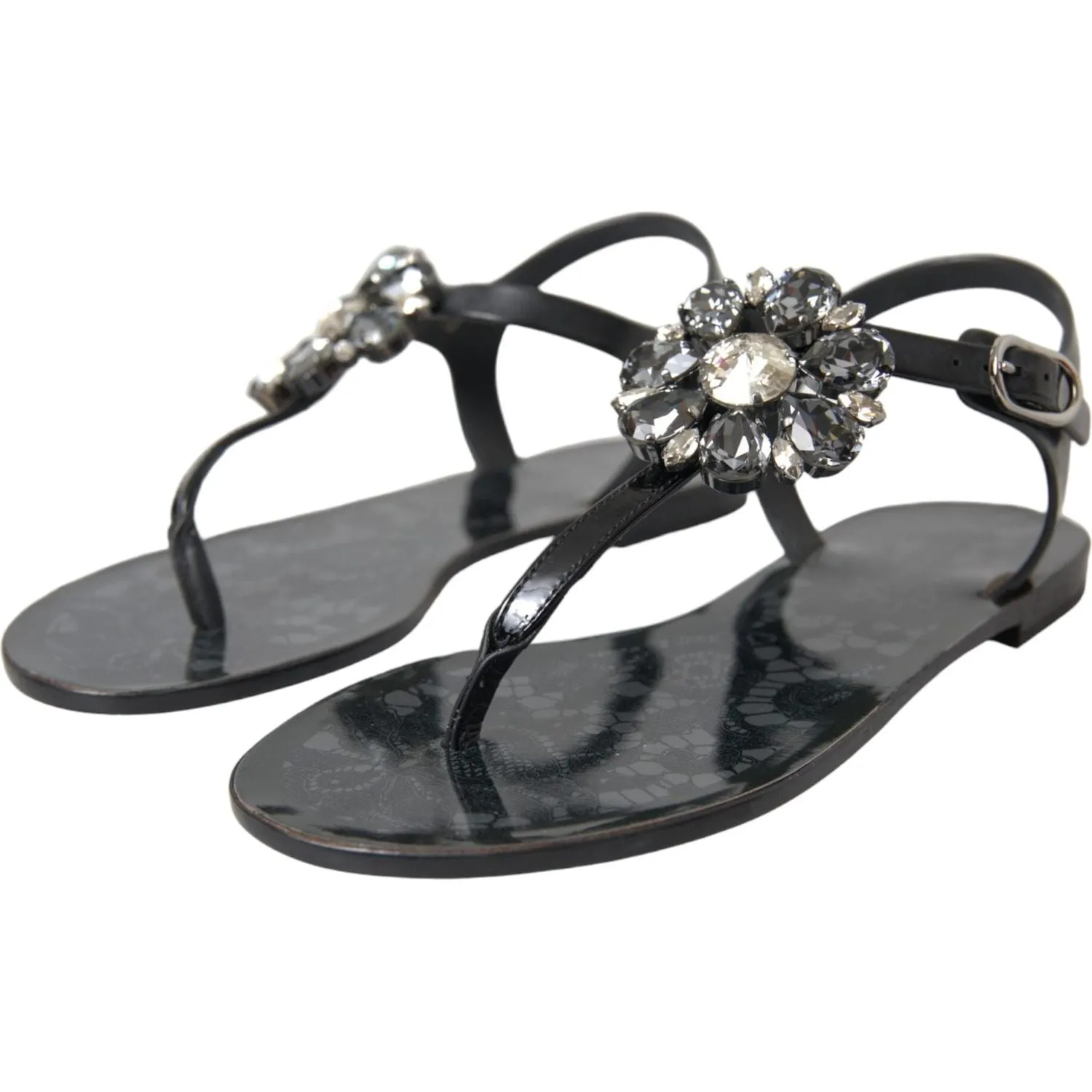 Dolce & Gabbana Black Crystal Flats Sandals Flip Flops Shoes