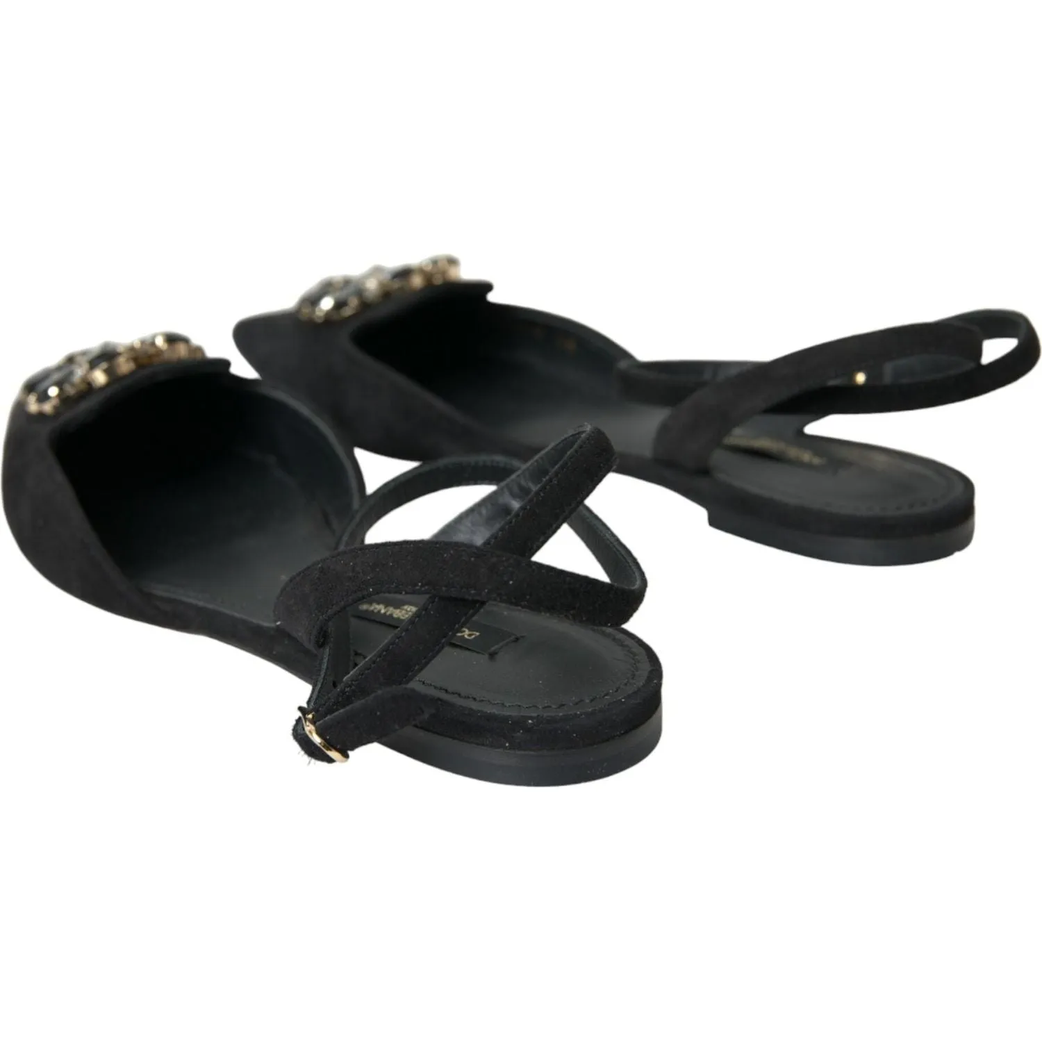 Dolce & Gabbana Black Leather Crystal Slingback Sandals Shoes