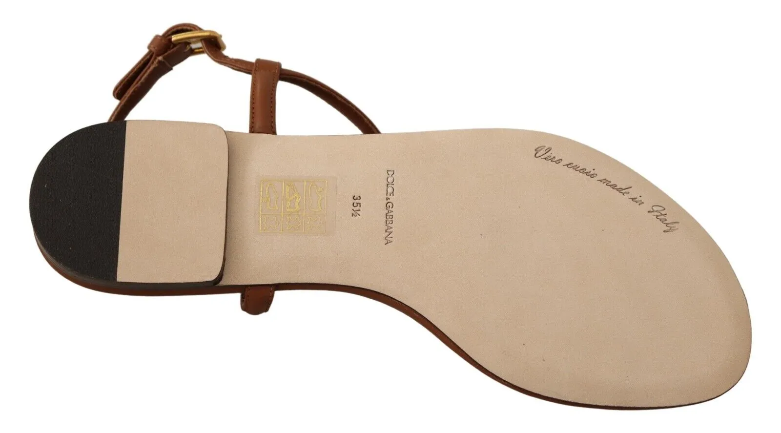 Dolce & Gabbana Brown Leather T-strap Slides Flats Sandals Shoes