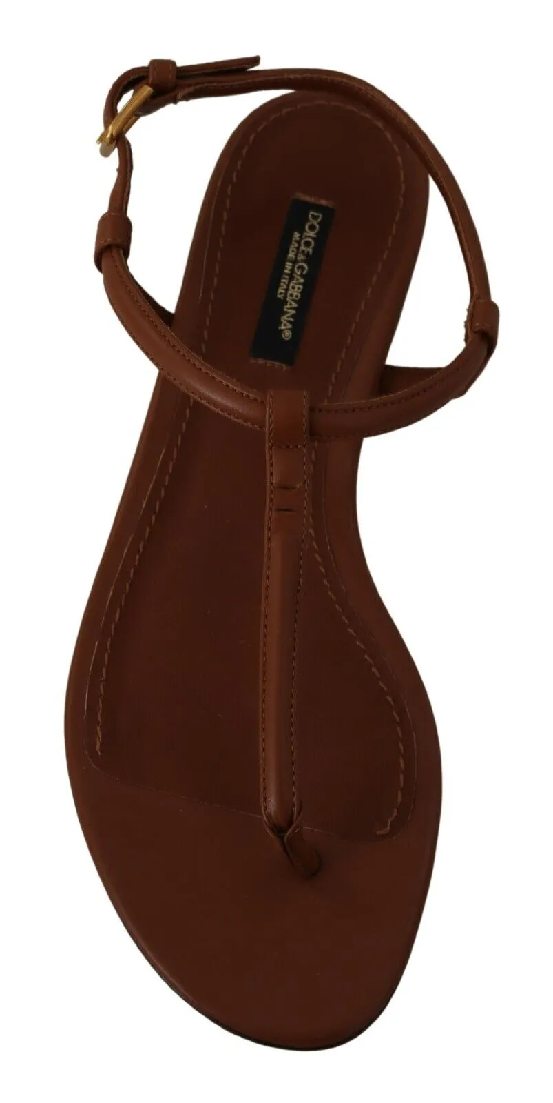 Dolce & Gabbana Brown Leather T-strap Slides Flats Sandals Shoes