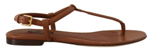 Dolce & Gabbana Brown Leather T-strap Slides Flats Sandals Shoes