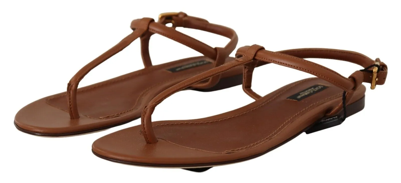 Dolce & Gabbana Brown Leather T-strap Slides Flats Sandals Shoes