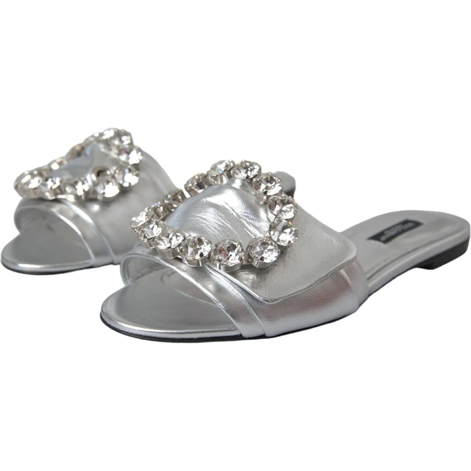 Dolce & Gabbana Silver Crystal Leather Flats Sandals Shoes