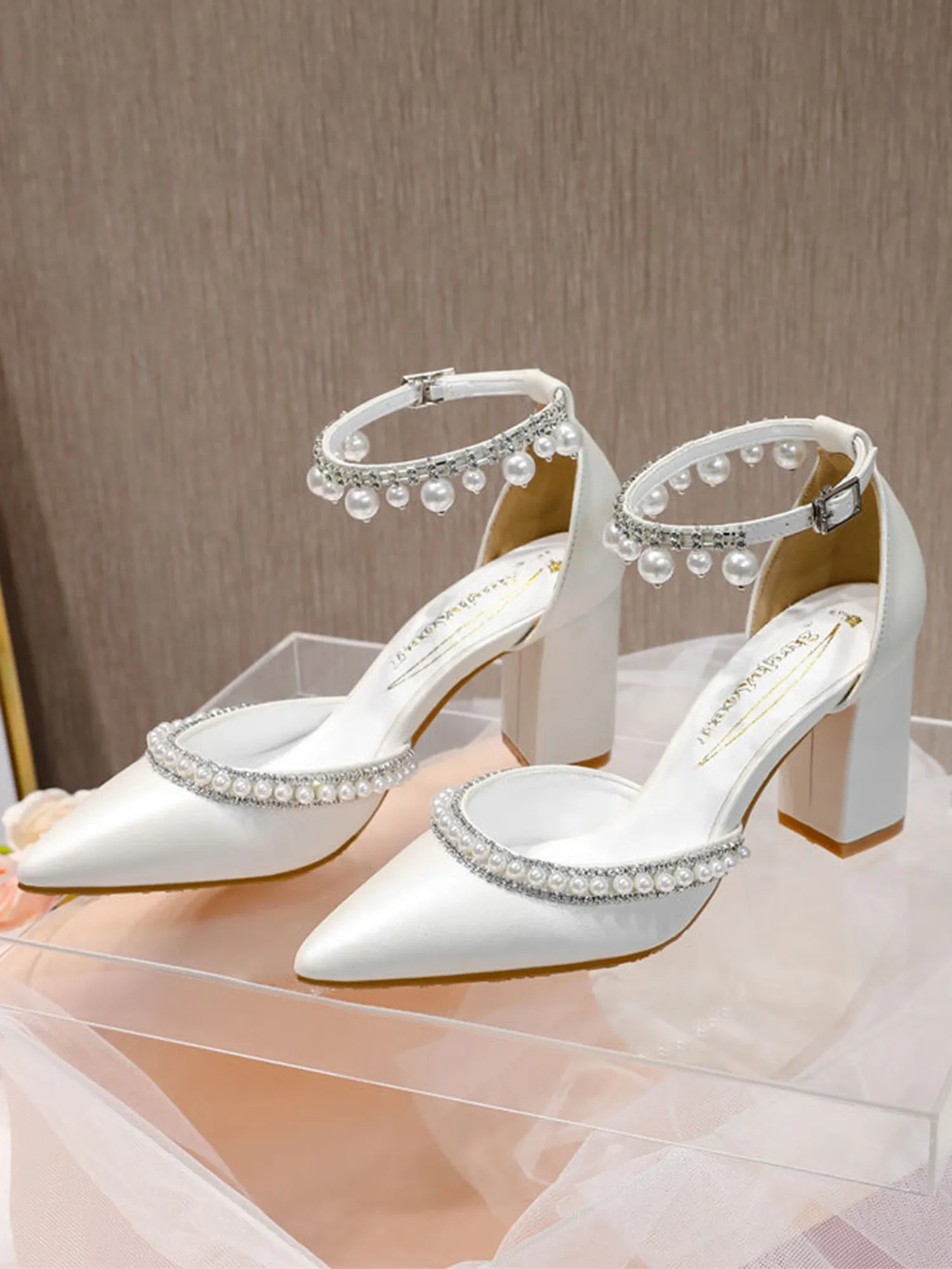 Elegant Pearl Diamond Ankle Strap Block High Heels