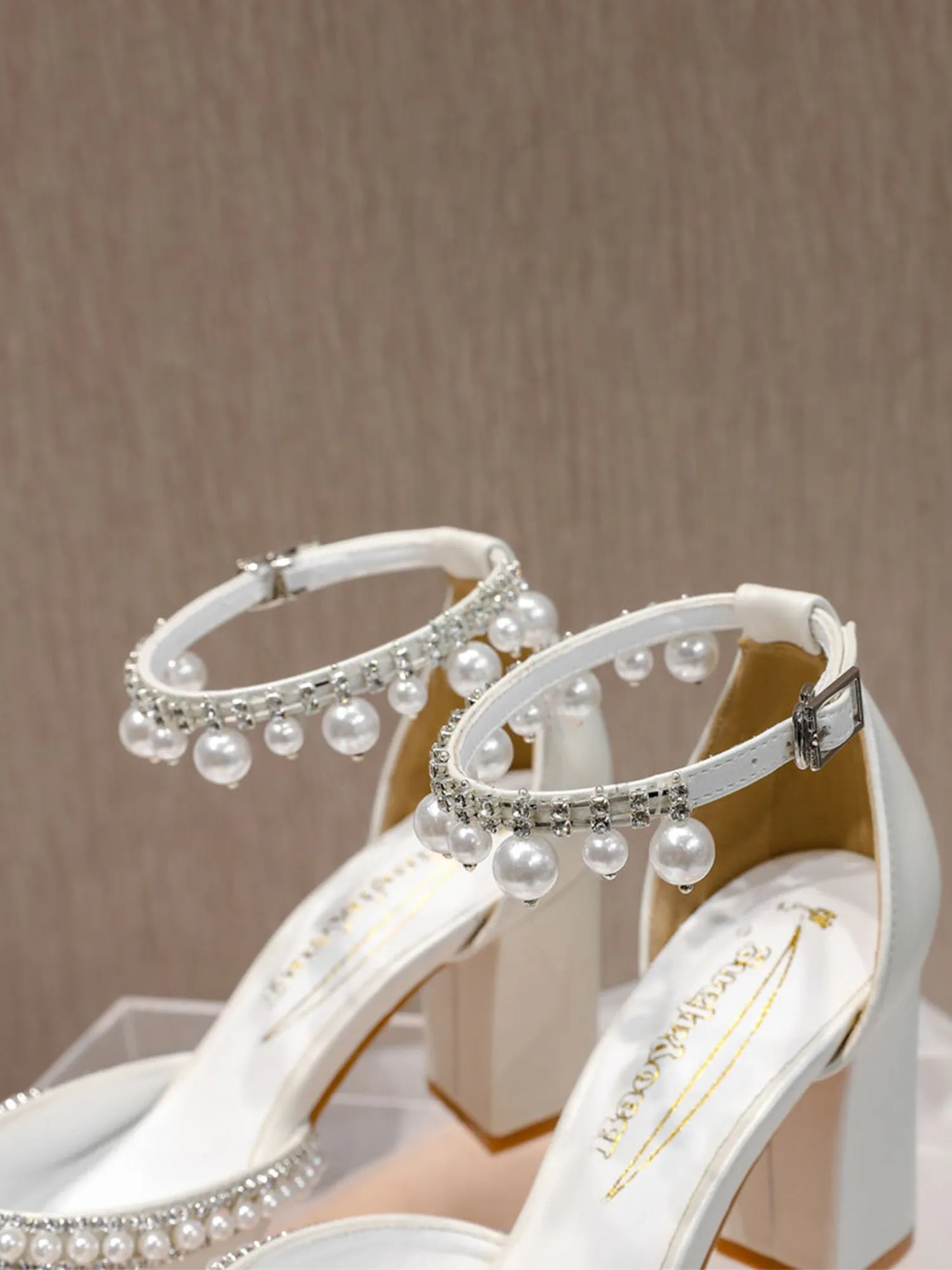 Elegant Pearl Diamond Ankle Strap Block High Heels