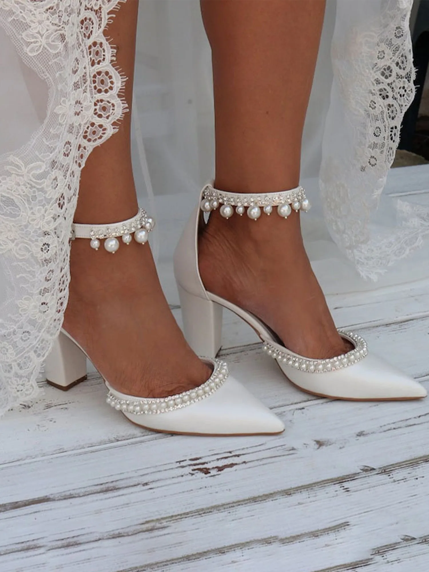 Elegant Pearl Diamond Ankle Strap Block High Heels