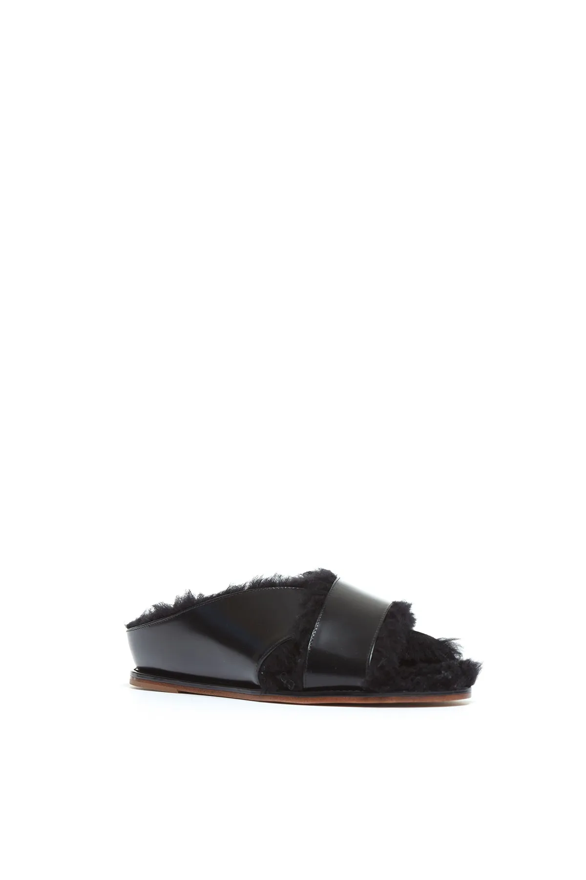 Ellington Fur Flat Slide in Black Leather