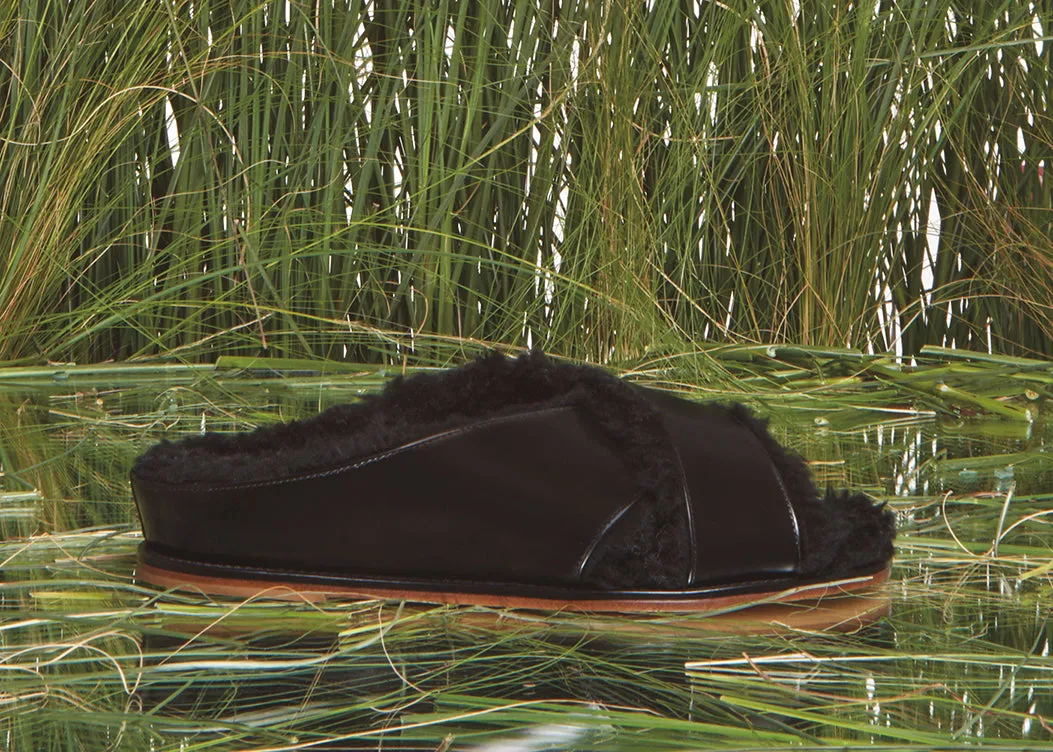 Ellington Fur Flat Slide in Black Leather