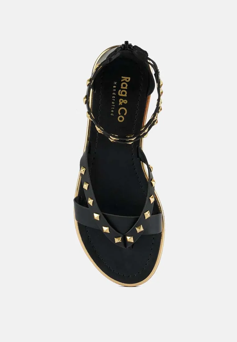 EMMETH Studs Embellished Black Flat Gladiator Sandals