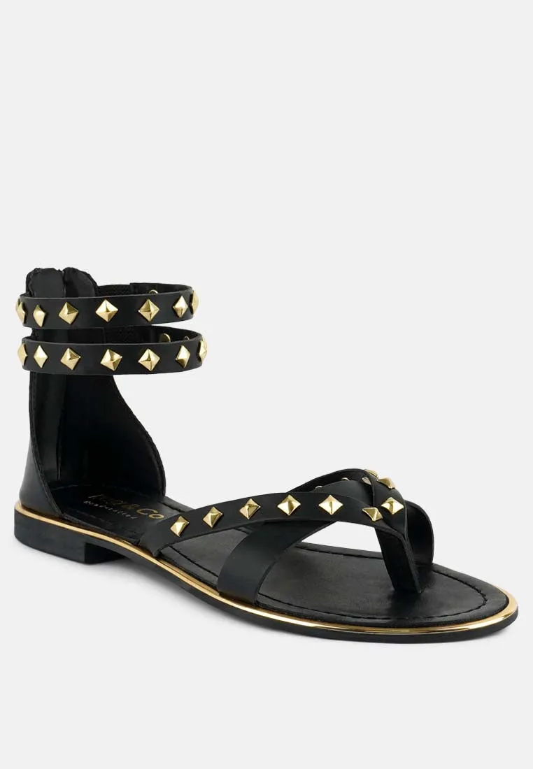 EMMETH Studs Embellished Black Flat Gladiator Sandals