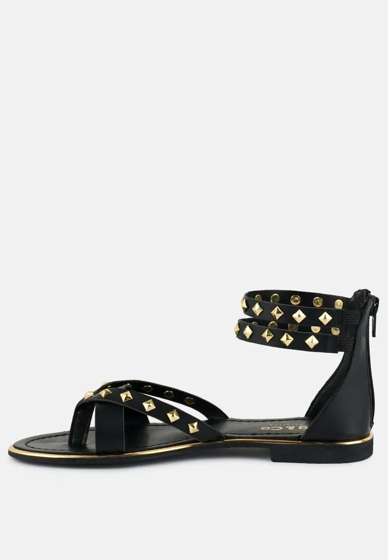 EMMETH Studs Embellished Black Flat Gladiator Sandals