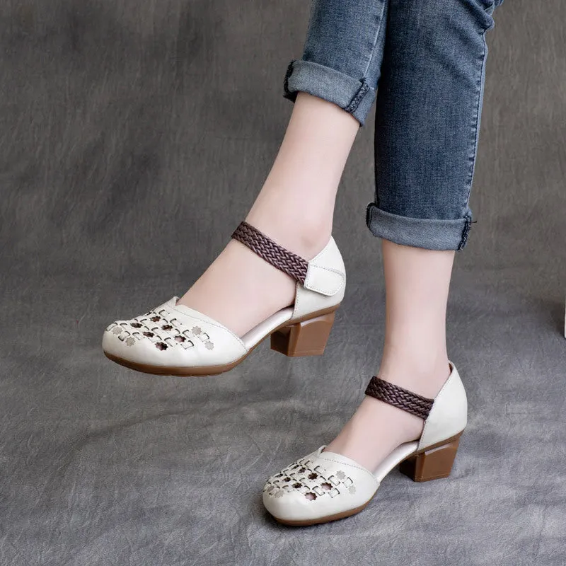 Ethnic style Retro Cowhide Braided Hollow Thick Heel Sandals