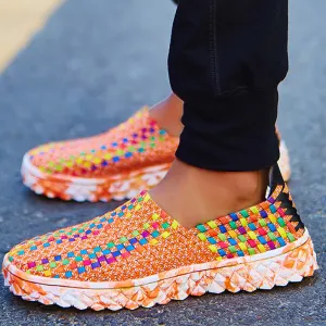 Fashionable Breathable Casual Sneakers Mesh Woven Flat Nurse Walking Sneakers Knit Slip on Loafer Shoes