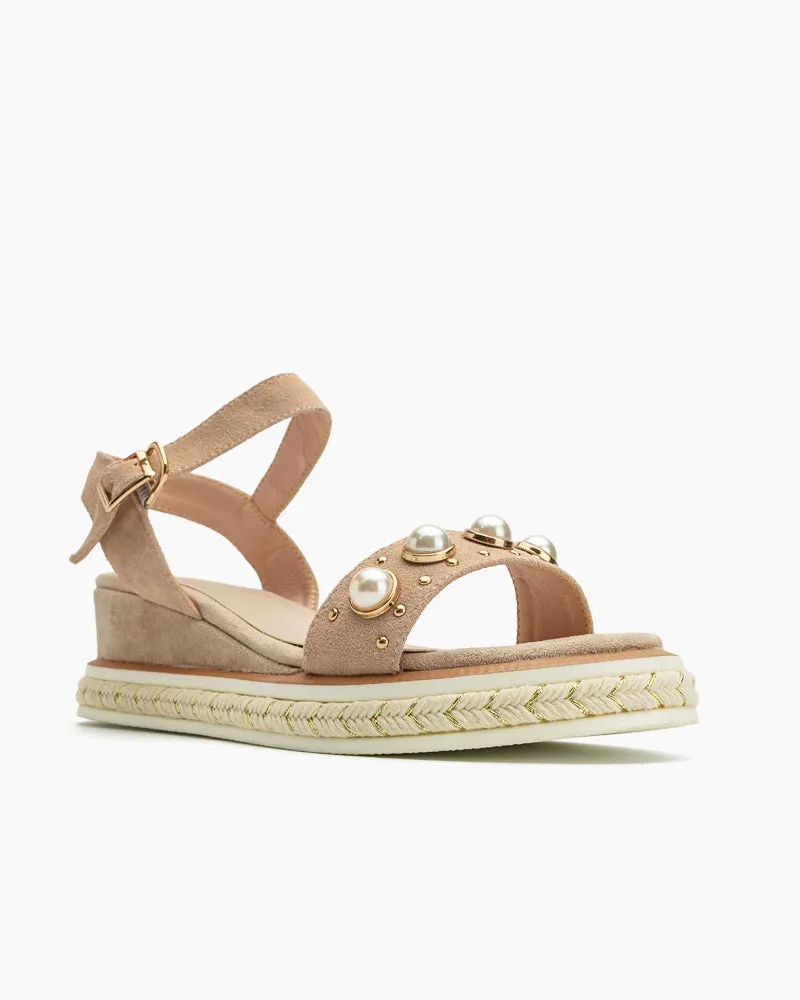 Faux Pearl Decor Ankle Strap Wedge Sandals