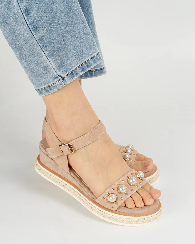 Faux Pearl Decor Ankle Strap Wedge Sandals