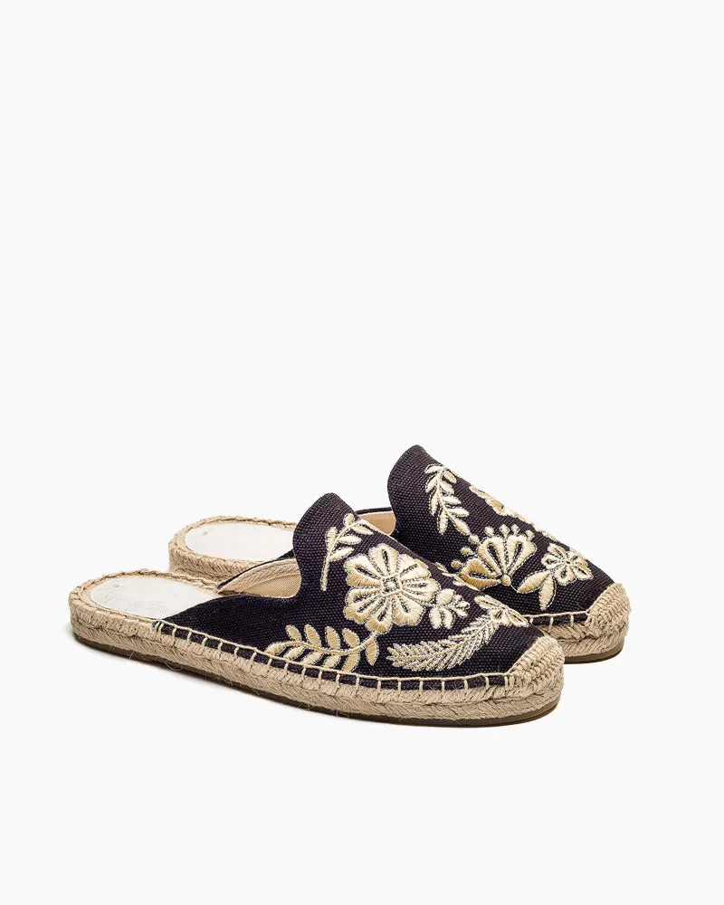 Floral Pattern Embroidered Espadrille Flat Mules